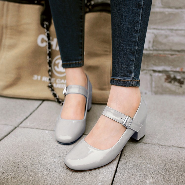 Patent Leather Mary Jane Shoes with Chunky Mid Heel and Ankle Strap