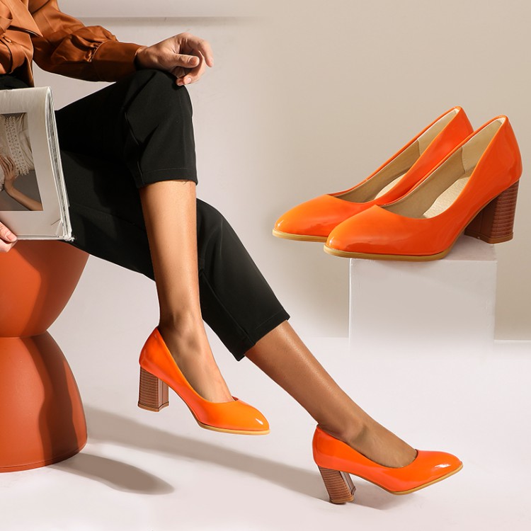 Women's Patent Leather High Heel Pumps Round Toe Slip-On Shoes