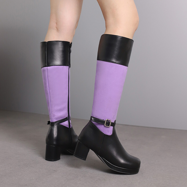 Women's High Shaft Fashion Boots with Mixed Material Upper and Chunky Mid Heel