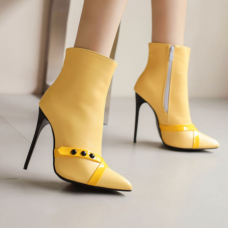 Women's Pointed Toe Stiletto High Heel Ankle Boots with Buckle and Rivet Details